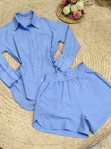 2pcs Shirt And Shorts Set - 藍色 - 查看 1