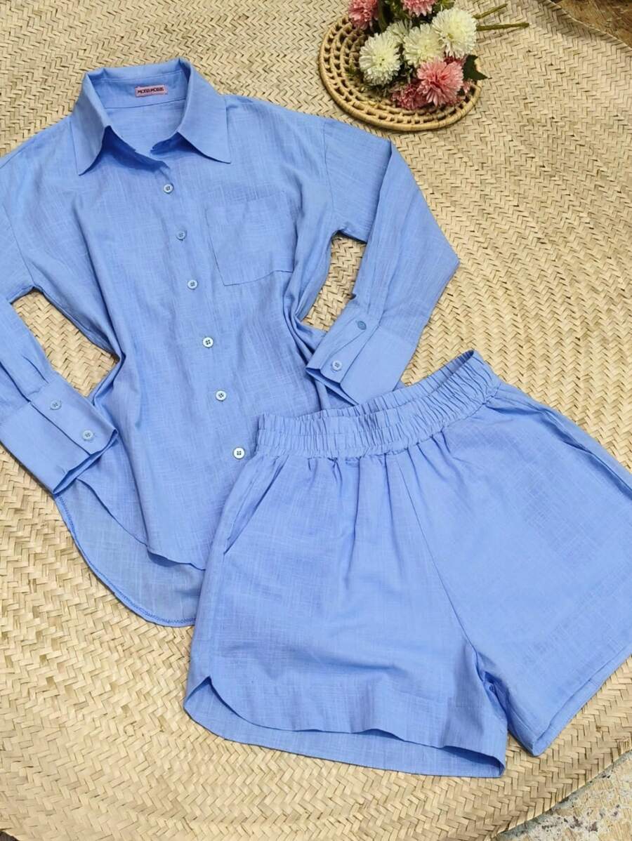 2pcs Shirt And Shorts Set - 藍色 - 查看 1