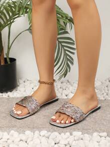 Women Plus Size 2025 Silver Metallic Glitter Decor Slides, Summer Fashion Sandals, Bohemian Style Flat Beach Slippers