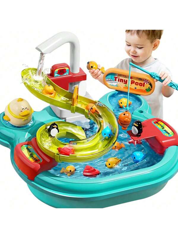 Game Play Sink With Tap Water, Three In One Children's Kitchen Toy, Water Basin, Fishing Set, Track, Pretend To Play Kitchen Cleaning Set Children's Water Toy, Play House Children's Toy, Suitable For Outdoor And Indoor Use, Gift Box Packaging, Birthday Gifts, Children's Gifts,Birthday Gifts,Color Box Packaging (20/22/25PCS For Choose)
