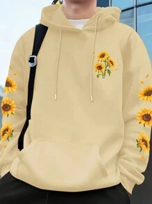 Blusa Moletom Masculino Casual Canguru Flanelado Bolso e Touca Girassol