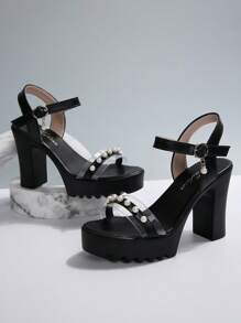 新款夏季黑色高跟凉鞋，时尚黑色经典珍珠高跟凉鞋 - 黑色 - 查看 5