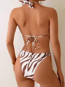Women's Zebra Striped Print One-Piece Swimsuit With Metal Ring, Drawstring Tie, Sexy Backless Design, Suitable For Beach, Holiday, Vacation - Beige - View 3