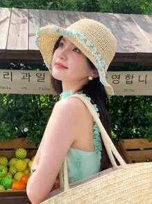 1 件装薄荷绿钩针花卉宽边沙滩帽，防晒渔夫帽 - 米色 - 查看 4