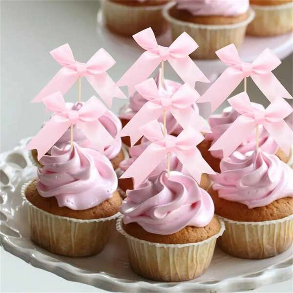 20pcs Pink Bow Cake Decor Picks, Suitable For Baking, Wedding Dessert, Party, Birthday, Cake & Cupcake Decoration