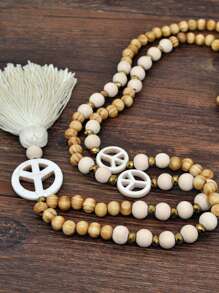 Bohemian Style Peace Sign Wooden Bead Long Necklace With Retro Tassel Pendant, Special Accessory For Sweaters - Multicolor - View 7