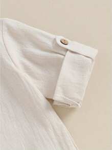 Toddler Boys Cotton Linen Outfits Buttons Short Sleeve Shirts And Elastic Waist Long Pants 2Pcs Clothes Set - 軍綠色 - 查看 5