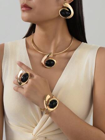 Set de 5 piezas de joyas geométricas con gemas doradas que incluye aretes, collar, pulsera y anillo, regalo para mujeres, adecuado para turismo, exposiciones y celebraciones