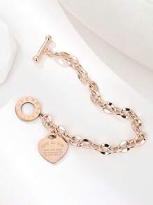 1 件女士不锈钢经典心形雕刻 O 形环唇链钛钢手链 - 玫瑰金 - 查看 2