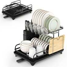 Dish Drying Rack  2 Tier Dish Drying Rack Foldable Dish Drainer With Drain Board Utensil Holder, For Kitchen Counter Cups Dishes Cutlery, Space-Saving - Black - View 1