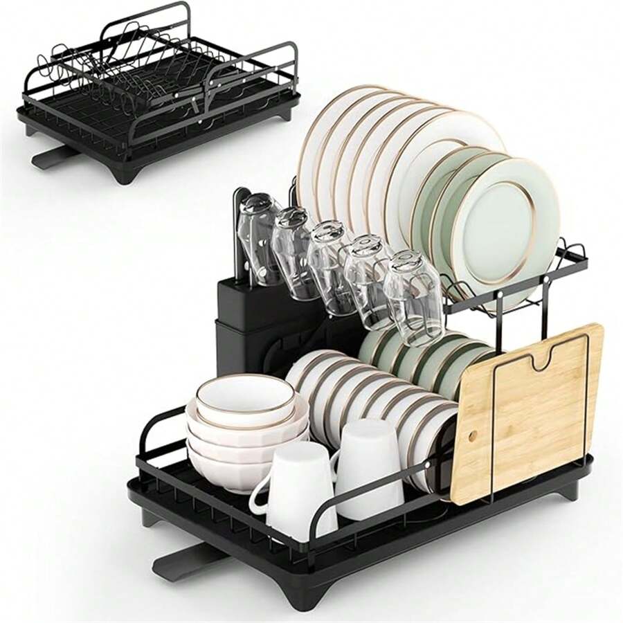Dish Drying Rack  2 Tier Dish Drying Rack Foldable Dish Drainer With Drain Board Utensil Holder, For Kitchen Counter Cups Dishes Cutlery, Space-Saving - Black - View 1