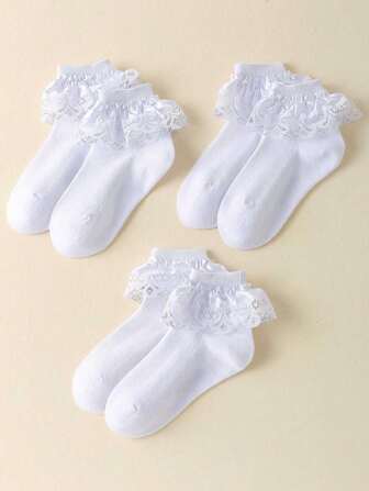 3 双装女童夏季网眼透气蕾丝大花边公主风纯色袜子可日常穿着