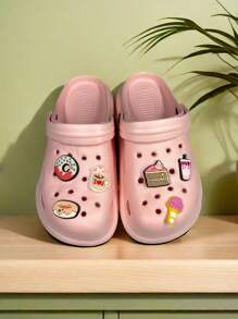 New 2025 Summer Lightweight Women Hollow Slip-On Sandals With Cake & Ice Cream Cartoon Pattern, Breathable Casual Beach Slides With Removable Flower Decor, DIY Combination (Size Runs Small, Please Order 1 Or 2 Sizes Up)