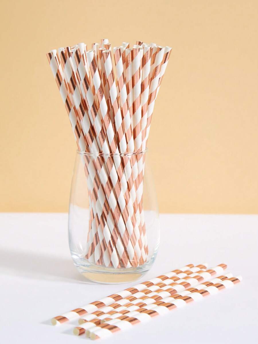 100/50/25/10pcs White With Rose Gold Striped Paper Straws, Disposable Tableware Straws, Suitable For Birthday, Party, Home, Bar, Beverage Shop, Picnic, Party Supplies, Christmas Gift - Multicolor - View 1