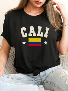 Cali Colombia Flag Print Casual T-Shirt, Women's Round Neck Short Sleeve Sport T-Shirt, Summer Top, Comfortable Version Top