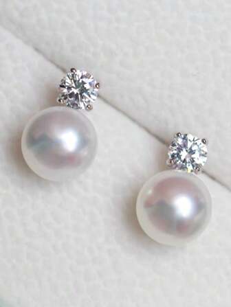 XUJIA 1 Par de pendientes de moda para dama con perla de imitación blanca de 9mm y circonita cúbica de 3.5mm para mujer en plata esterlina 925. Pendientes de perlas de imitación de moda en plata esterlina 925 para niñas, esposa, joyería de aniversario, regalos de cumpleaños, joyería de bodas nupcial.