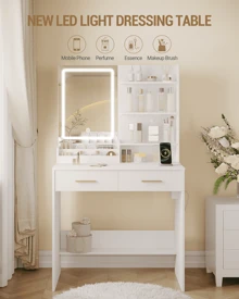 Hzuaneri Dressing Table With LED Light, 2 Sockets And 2 USB Ports Dressing Table With 2 Drawers And 4 Open Shelves, Storage Organiser Compartment. Suitable For Bedroom, Living Room, White - White - View 2
