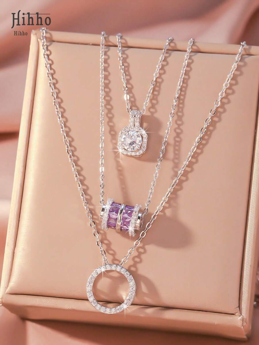 Hihho 3pcs/Set Round Crystal Diamond & Waist Design Pendant Necklace Set, Sparkling Cubic Zirconia Inlay, Luxury Jewelry Gift For Women, Festival Gift - Silver - View 1