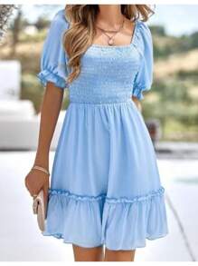 Short Peasant Dress With Short Sleeves - Dusty Blue - View 2