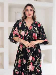 Vitoria Women's Midi Dress With Printed Button Short Sleeve Pleated - Negro - Ver 2