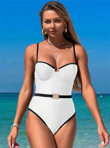 Women Monokini Swimsuit Summer Contrast Color Spaghetti Straps Sleeveless Swimwear For Beachwear Bathing Suits - White - View 5