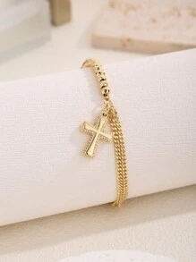 1 件双层链条和手工串珠手链，带吊坠，适合朋友、女朋友、女性日常和节日佩戴 - 金黃色 - 查看 1