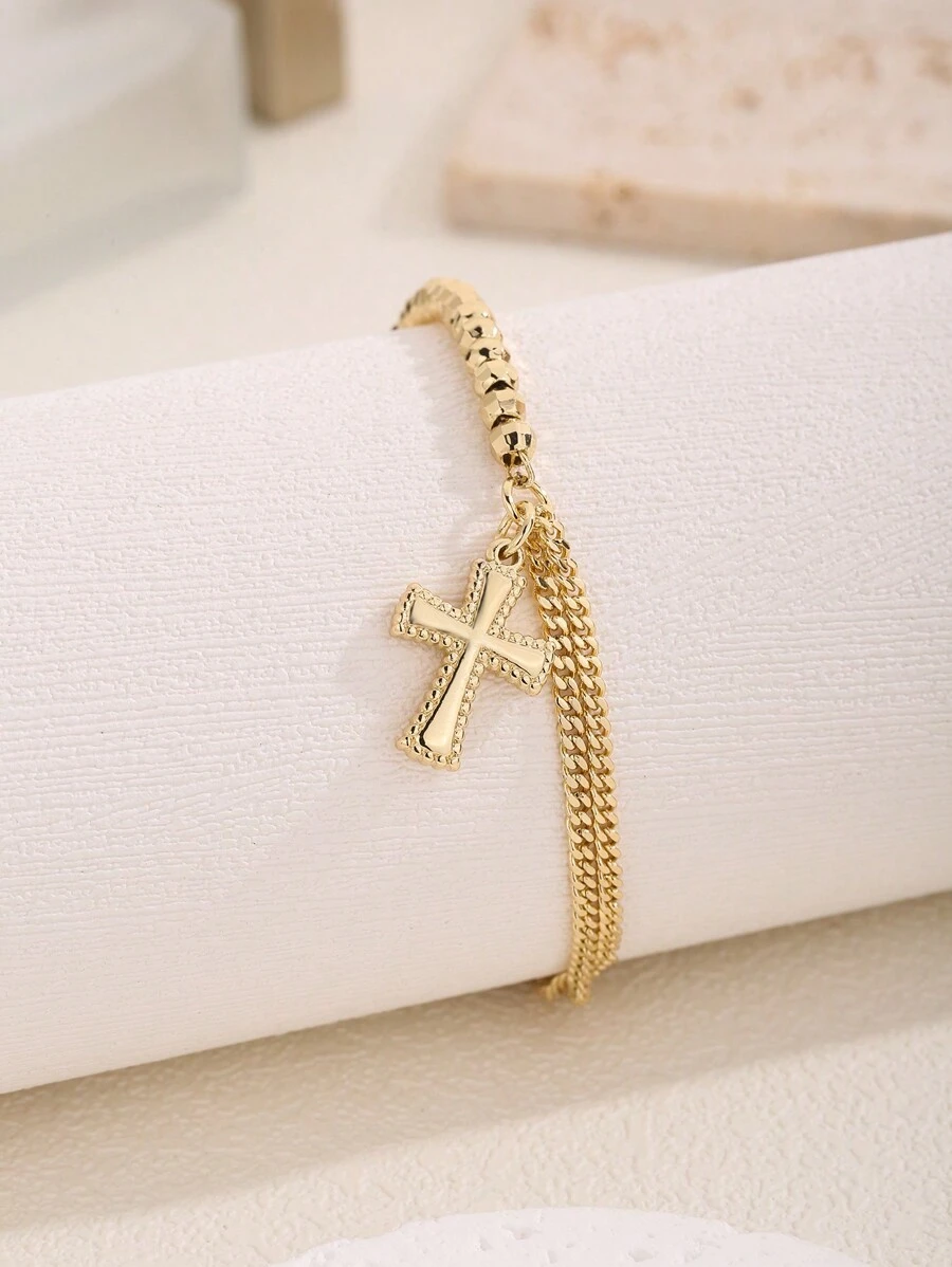 1 件双层链条和手工串珠手链，带吊坠，适合朋友、女朋友、女性日常和节日佩戴 - 金黃色 - 查看 1