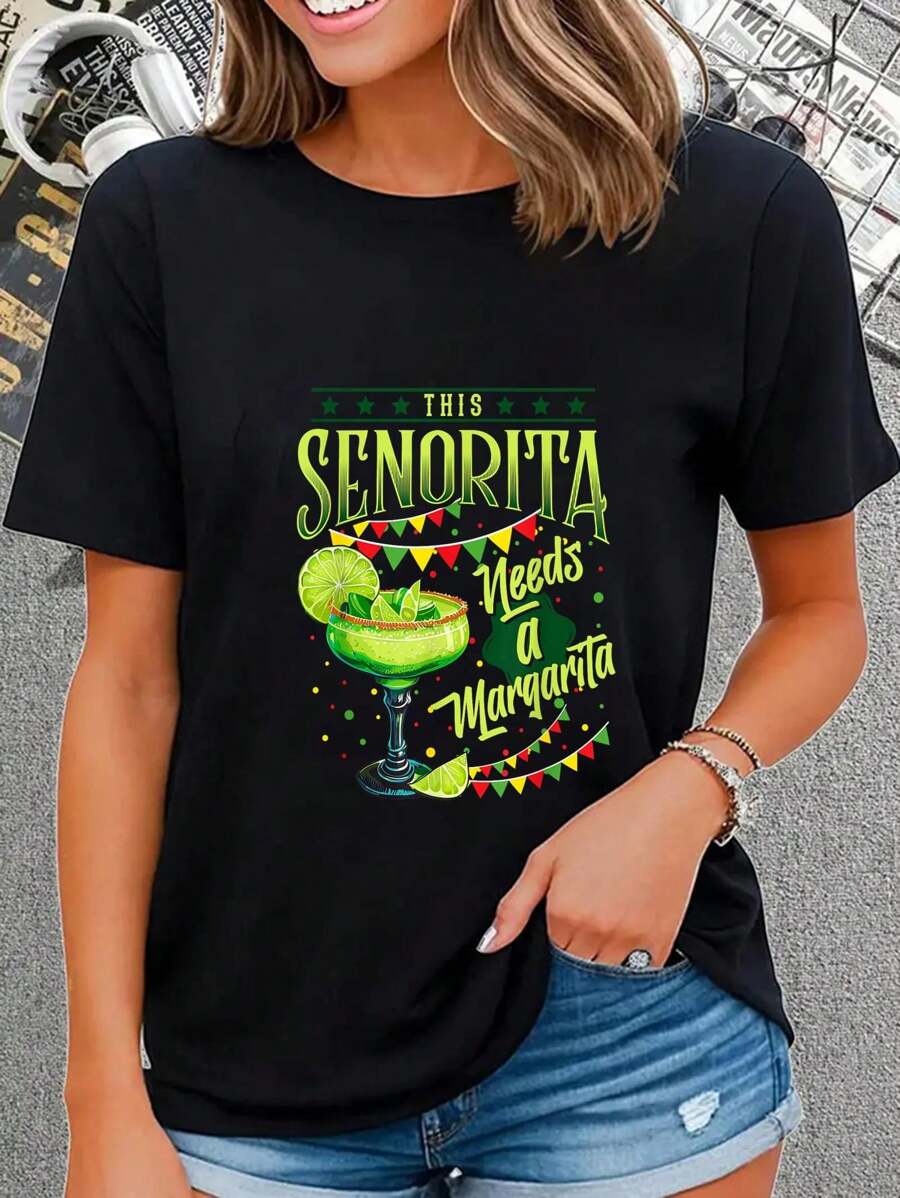 100% Cotton This Senorita Needs A Margarita Funny Cinco De Mayo Cute T-Shirt - 黑色 - 查看 1
