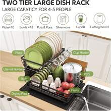 Dish Drying Rack  2 Tier Dish Drying Rack Foldable Dish Drainer With Drain Board Utensil Holder, For Kitchen Counter Cups Dishes Cutlery, Space-Saving - Black - View 6