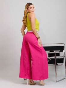 Striped Waistband Wide Leg Pants - Pink - View 2