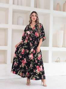 Vitoria Women's Midi Dress With Printed Button Short Sleeve Pleated - Negro - Ver 1