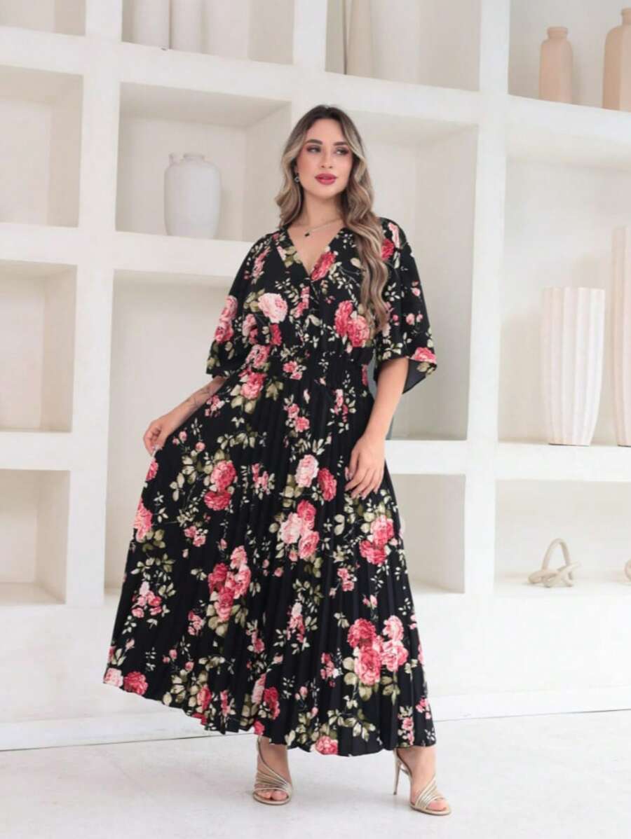 Vitoria Women's Midi Dress With Printed Button Short Sleeve Pleated - Negro - Ver 1