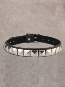 1pc Vintage Punk Square Studded PU Leather Choker Necklace, Black & Red, Suitable For Couples, Gift For Girlfriend