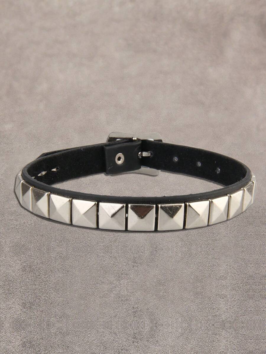 1pc Vintage Punk Square Studded PU Leather Choker Necklace, Black & Red, Suitable For Couples, Gift For Girlfriend