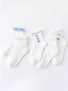 5 Pairs Of Children's Socks, Bow Diamond Checker Square Checker Pattern Girls Four Seasons Style Cute Casual Elegant Style Of Daily Travel To School Can Wear Children's Mid-Tube Socks.