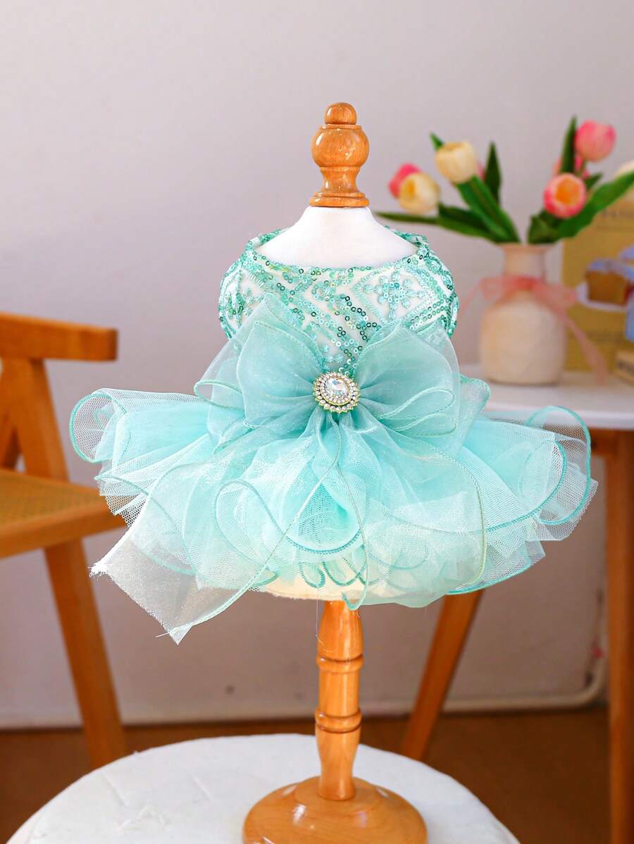 PETCIRCLE 1pc Pet Clothes Small Dog Puppy Cute Pet Multi-Layer Tulle Tutu Dress Sequin Bow Dreamy Fairy Wedding Dress - Green - Green - View 1