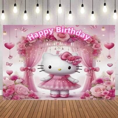 Sanrio 1 Decorazione per festa di compleanno di Sanrio KT Cat rosa con tema dell'amore, sfondo per banner, decorazione per festa a tema cartoni animati, arredamento per camera da letto, telo fotografico, accessori per cabina foto, 210 x 150 x 100 / 100 x 75 cm