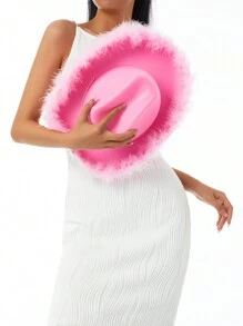 Womens Cowboy Hat, Adult Solid Color Furry Trim Wide Brim Hat Female Cap For Dating Party