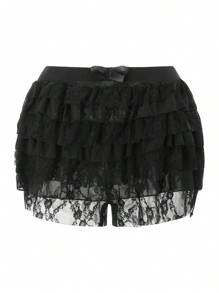 Women Ruffle Lace Shorts Bloomers Summer Casual Layered Tiered Pleated Slim Fit Floral Lace Trim Shorts - màu đen - Xem 3