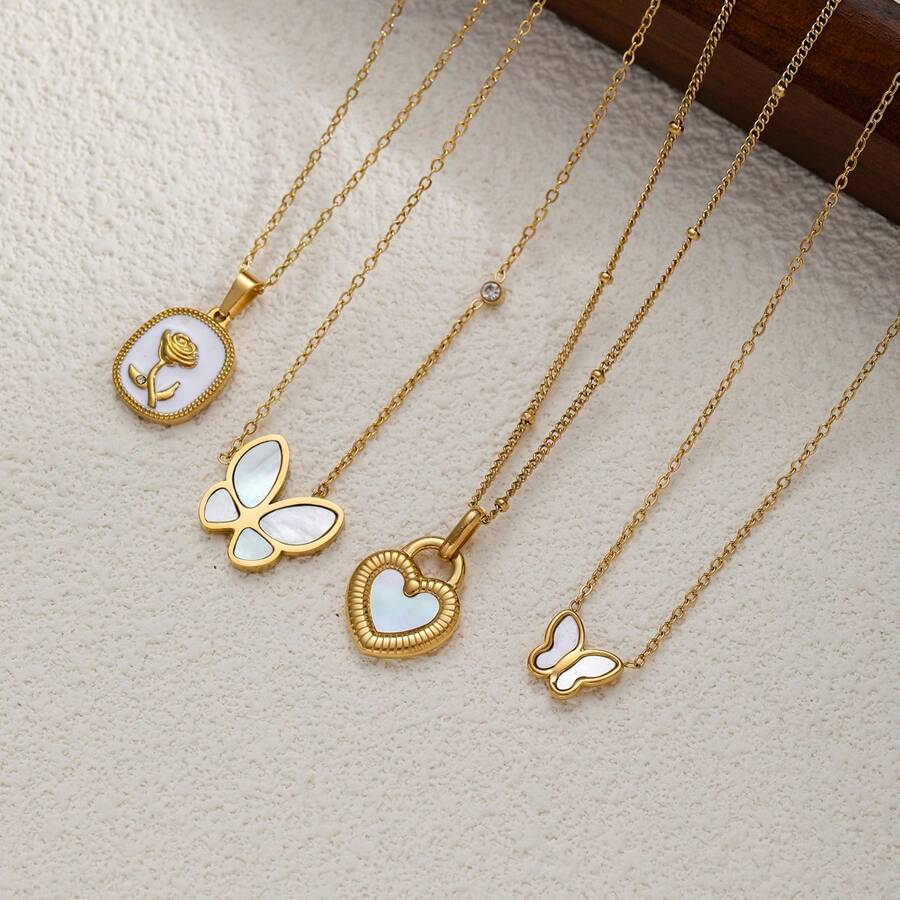 1pc Stainless Steel Rose Gold Plated Butterfly Pendant Necklace, Fashionable And Minimalist Design Suitable For Dates, Parties, And Work - Yellow Gold - View 1