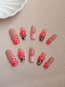 10 piezas de uñas postizas hechas a mano en color nude cuadrado, con estampado de leopardo y estrellas de cereza que se pueden regalar a personas, madres, novias y novias. Adecuadas para usar en ocasiones como cumpleaños, fiestas, banquetes y bailes. Se pueden usar repetidamente.