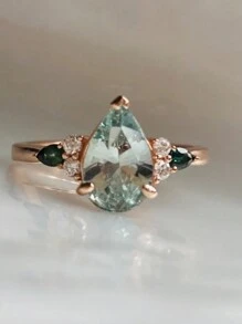 1pc Fashionable Green Cubic Zirconia Heart Shaped Ring, Suitable For Women Daily Wear