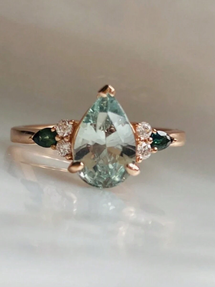 1pc Fashionable Green Cubic Zirconia Heart Shaped Ring, Suitable For Women Daily Wear