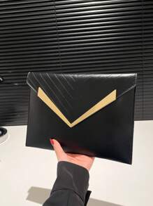 1pc Black Metallic Hardware Decor Plain Color PU Embossed Women Envelope Clutch Bag, Fall/Winter - Black - View 2