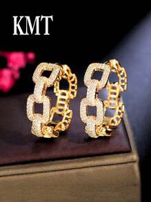 KMT 2pcs Copper Zirconia Geometric Chain Luxurious Creative Design Women's Fashion Hoop Earrings Gift Box, Suitable For Valentine's Day, Daily Date, Party Event