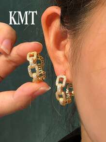 KMT 2pcs Copper Zirconia Geometric Chain Luxurious Creative Design Women's Fashion Hoop Earrings Gift Box, Suitable For Valentine's Day, Daily Date, Party Event