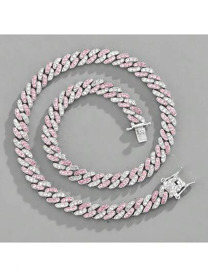 1pc Silvery/Blue/Pink Bling Miami Link Chain For Men Iced Out Miami Necklace For Men Colorful Hip Hop Y2k Clothes Jewelry