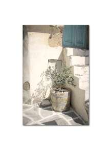 1 件斯堪的纳维亚简约波西米亚风格墙壁艺术西班牙建筑绿叶芦苇海报图片印刷帆布画印刷墙壁艺术画适用于客厅装饰卧室办公室酒吧美学装饰无框架