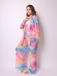 Printed Tulle Beach Cover-Up Shirt And Pants Set - Pink - View 3