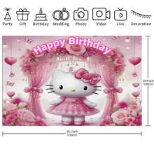 Sanrio 1 Decorazione per festa di compleanno di Sanrio KT Cat rosa con tema dell'amore, sfondo per banner, decorazione per festa a tema cartoni animati, arredamento per camera da letto, telo fotografico, accessori per cabina foto, 210 x 150 x 100 / 100 x 75 cm